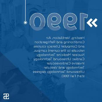 Heating, Ventilation, Air Conditioning and Refrigeration and Computer Literacy courses relocate to the current campus. Nuclear Medicine Technology, Cardiac Ultrasound Technology, Invasive Cardiovascular Technology and Vascular Ultrasound Technology degrees start Fall 1990.